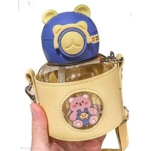 NIB Kawaii Bear Water Bottle with Straw Yellow Sleeve & Adjustable ShoulderStrap